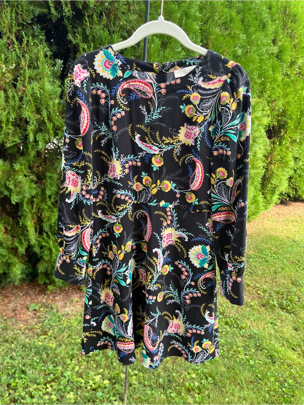 LOFT Adorable Black Floral Paisley Long-Sleeve Dress with Multicolor Print